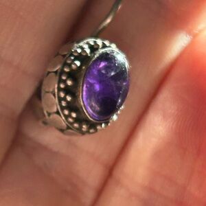 Vintage Artisan Handmade Amethyst Cabochon Sterling Silver Drop Earrings Signed